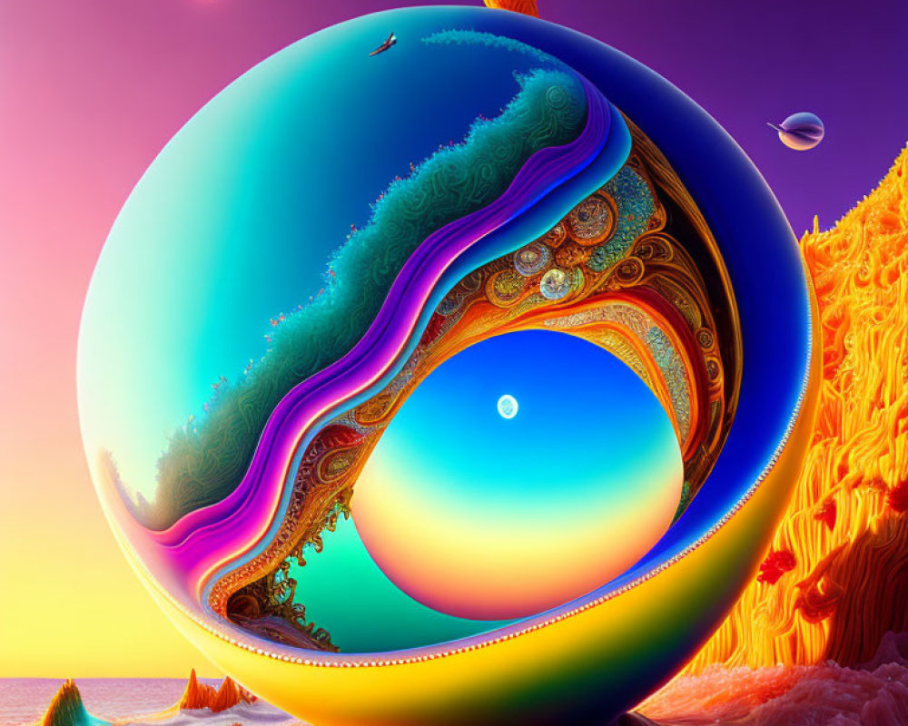 Colorful surreal landscape with glossy spherical objects