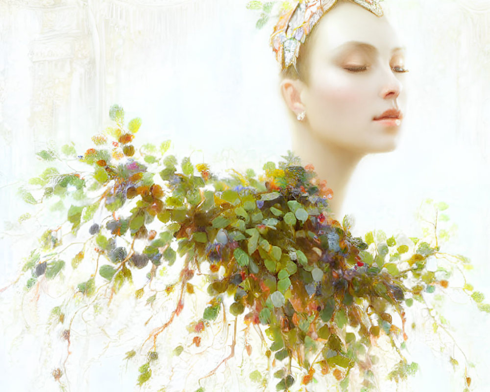 Surreal portrait of woman in foliage-adorned garment blending into soft backdrop