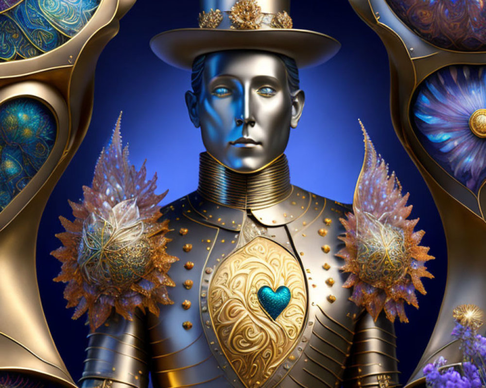 Blue-faced figure in top hat and armor with crystal decorations on vibrant floral backdrop