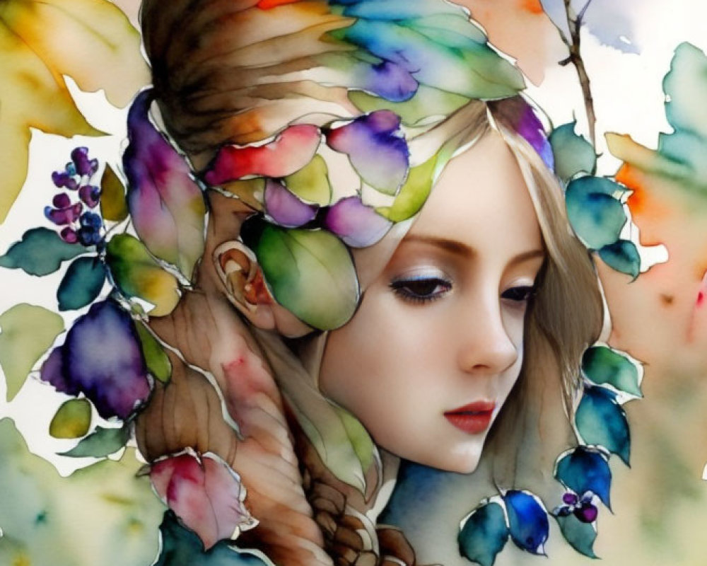 Ethereal woman with leaves and flowers in watercolor art