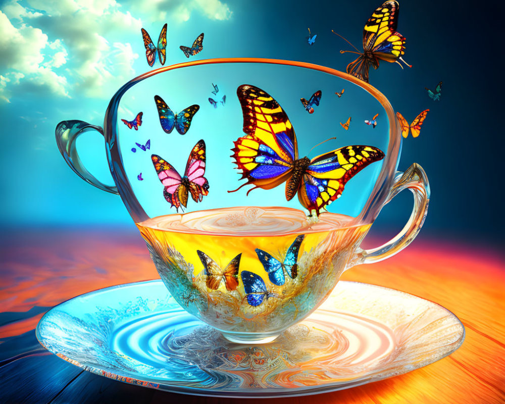 Colorful butterflies in transparent tea cup against dramatic sky background