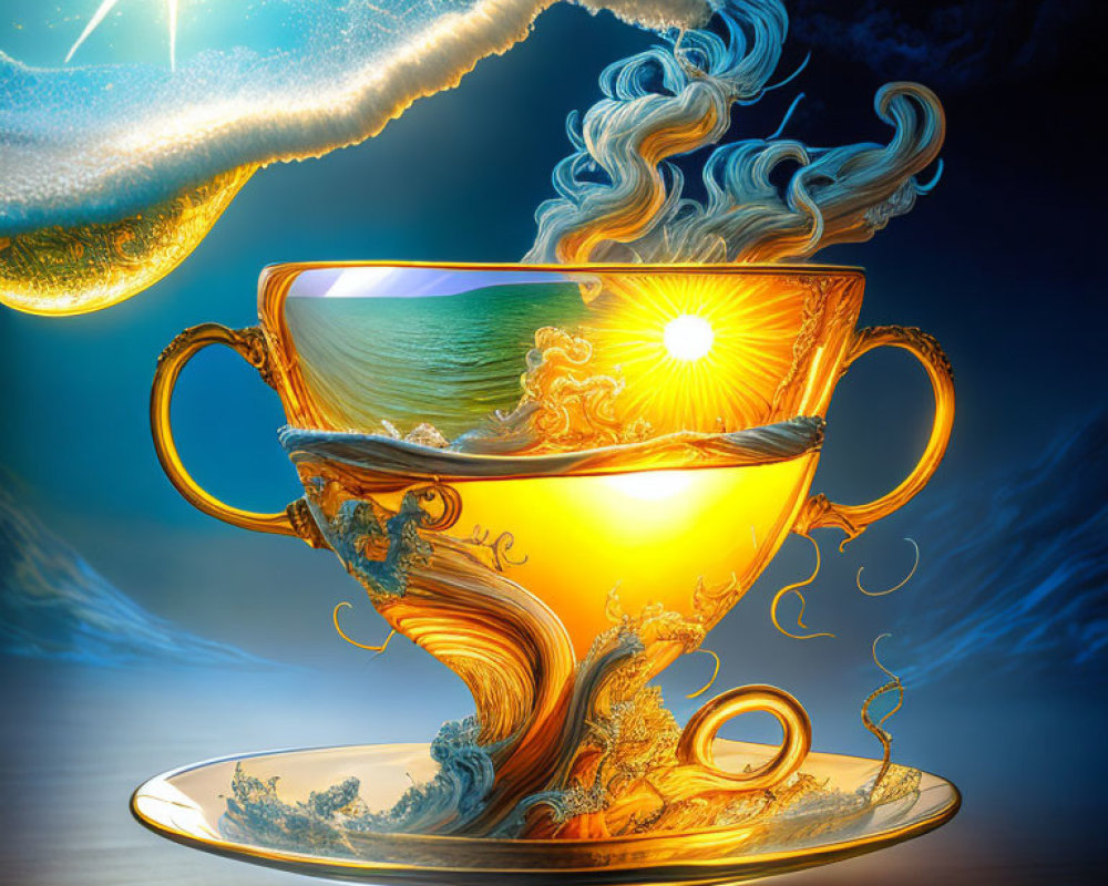 Surreal golden teacup with ocean waves, sun, and milk splash motif