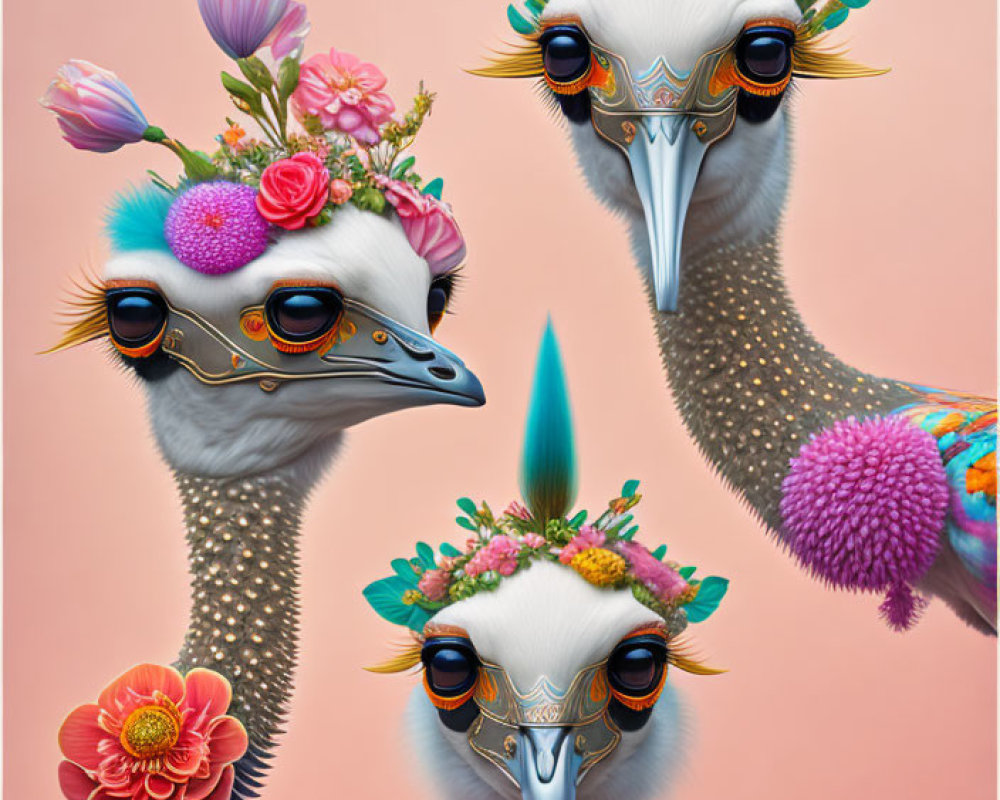 Three ornate ostriches with floral and mechanical embellishments on pink background