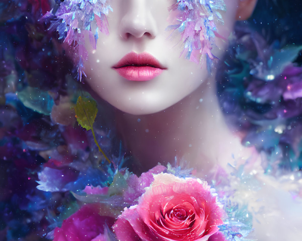 Portrait of person with pale skin, red lips, blue eyes, surrounded by flowers and crystals