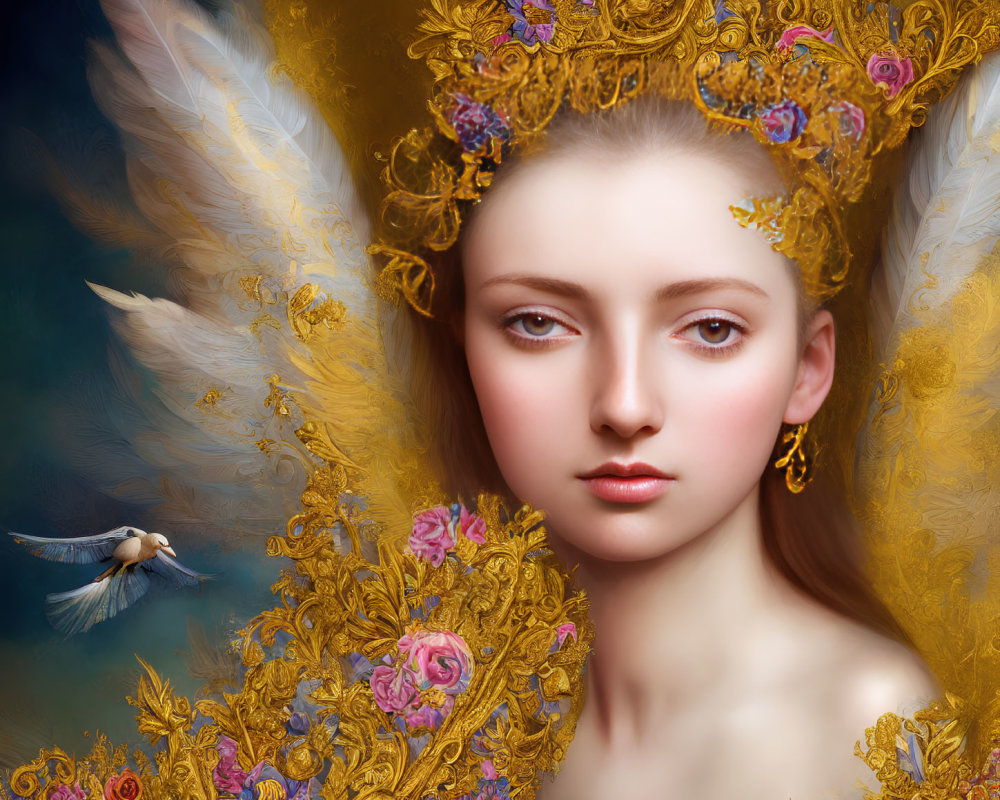 Ethereal woman with golden floral wings and bird in elaborate headdress