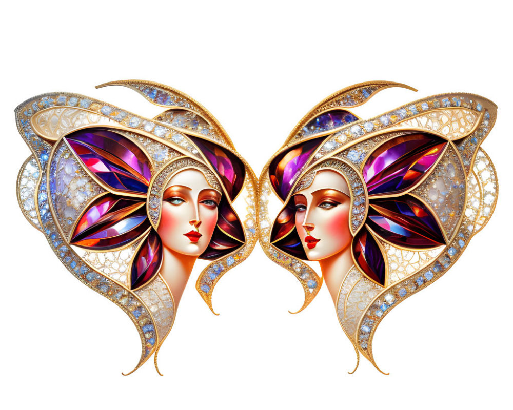 Symmetrical Butterfly-Inspired Women's Faces in Jewel Tones