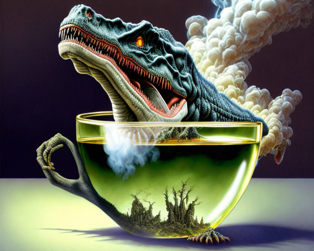 Surreal artwork: Velociraptor head in steaming cup with landscape