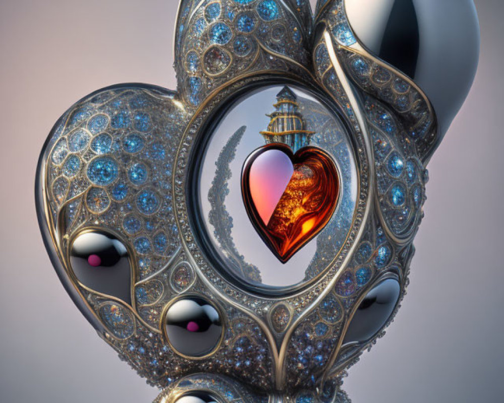 Heart-shaped Pendant with Glowing Red Heart and Jewels on Soft Background