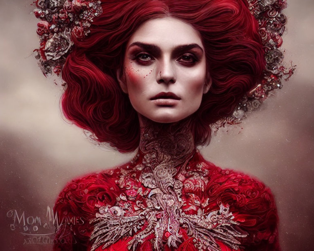 Vibrant red-haired woman in intricate headpiece and gown