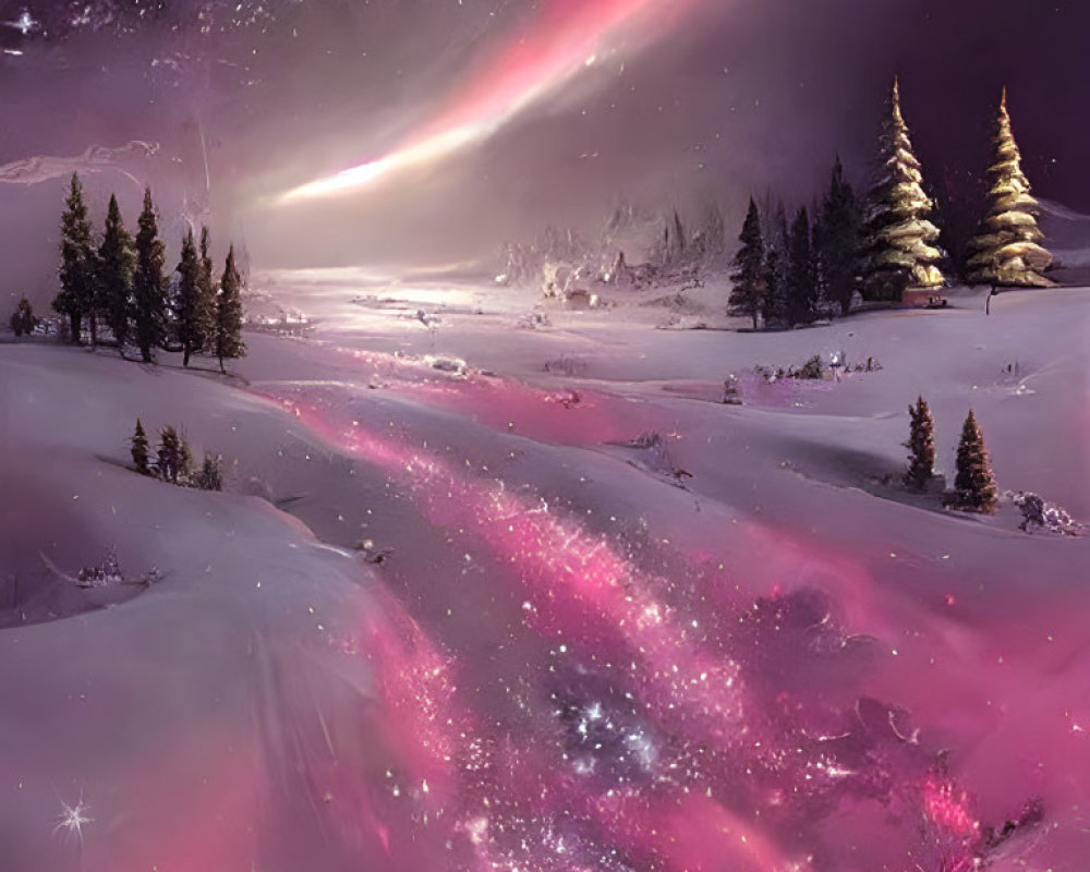 Vibrant pink and purple winter sky with snowy landscape and tiny figures