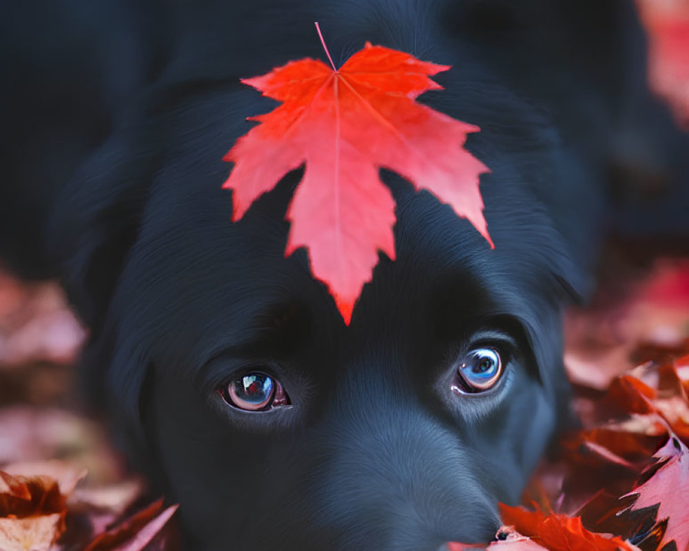 Black Dog with Blue Eyes Resting on Red Autumn Leaves with Maple Leaf