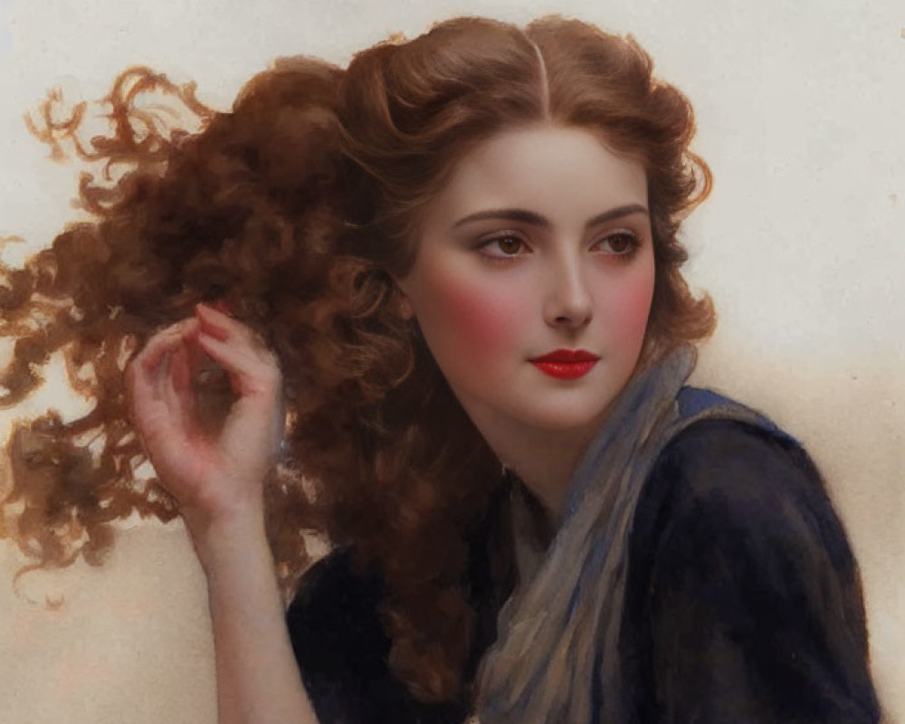 Portrait of Woman with Curly Auburn Hair and Rosy Cheeks in Navy Blue Shawl