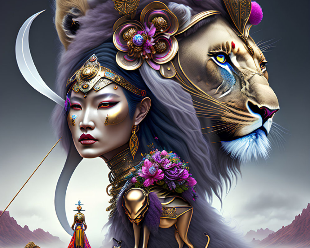 Fantastical illustration: Woman with lion features, ornate headdress, crescent moon, tiny