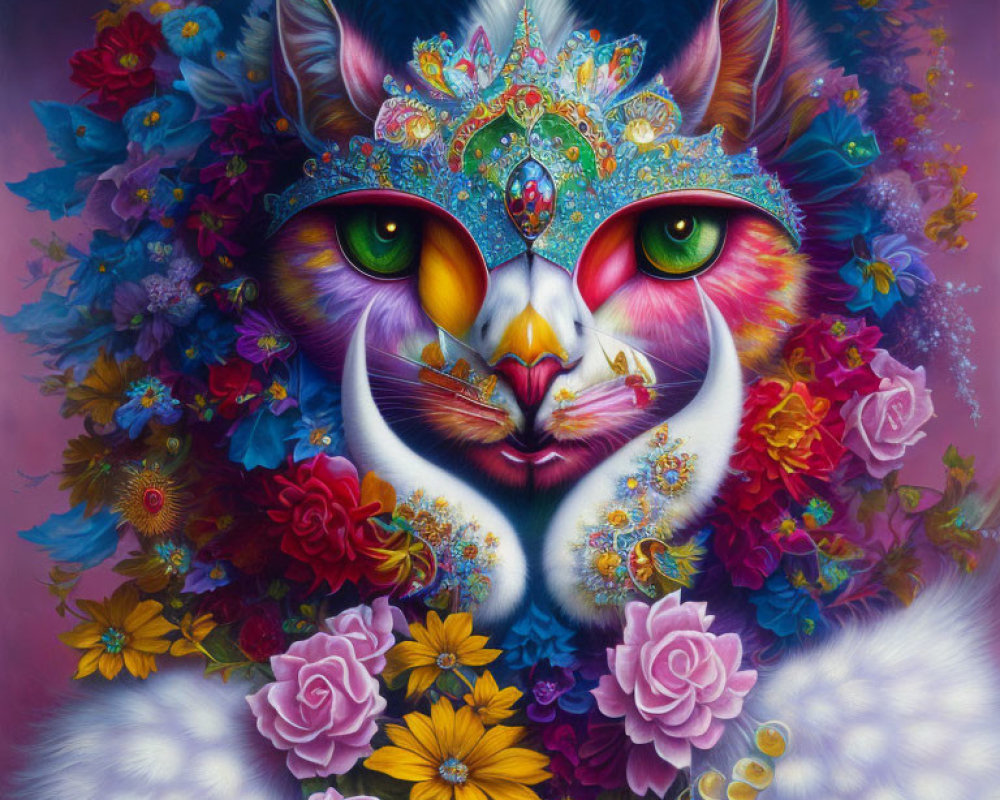Colorful Cat Painting with Floral Crown and Vibrant Background