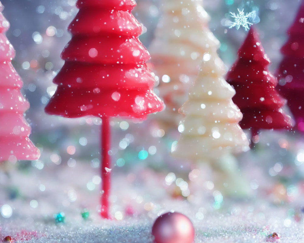 Vibrant miniature Christmas trees in snowy scene with fallen bauble