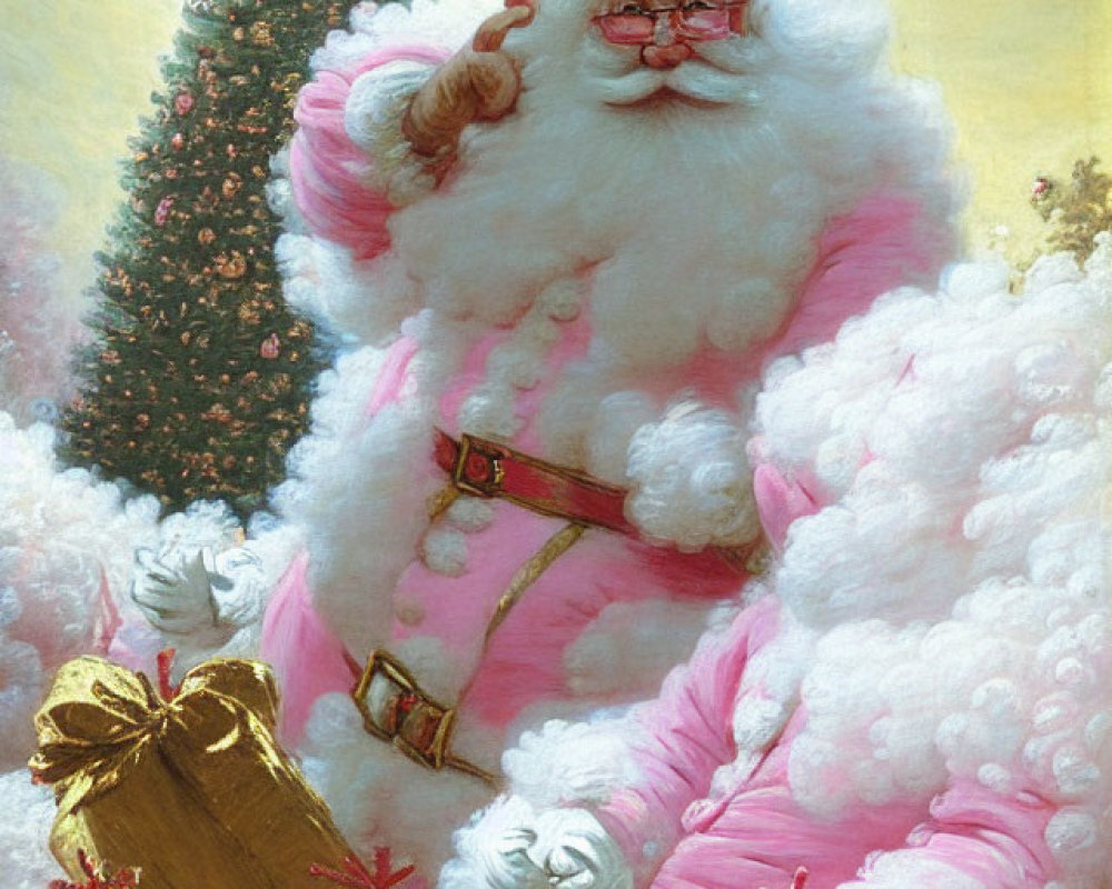 Traditional Santa Claus in pink suit with white beard and gift, signaling shush