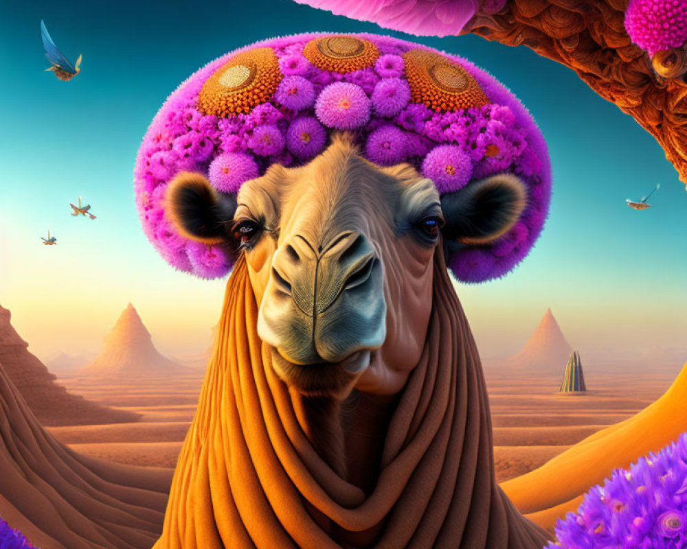 Colorful desert landscape with whimsical camel wearing flower hat