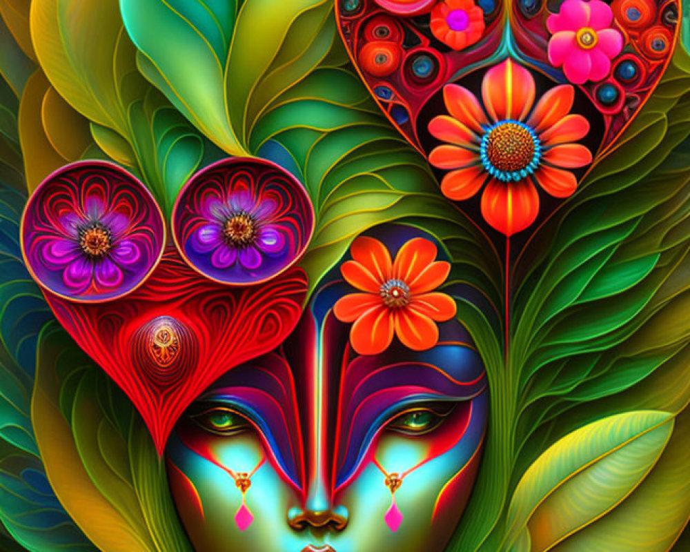 Colorful Stylized Face Illustration with Flora and Heart-Shaped Features