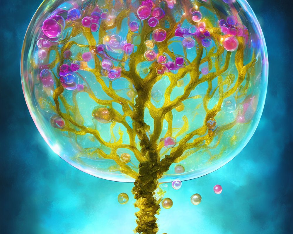 Golden Branches Tree in Translucent Bubble Surrounded by Smaller Bubbles on Blue Background