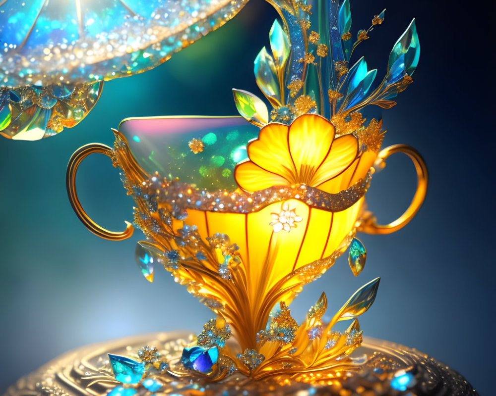 Golden cup with jewels and butterfly spilling liquid on ornate stand in blue setting