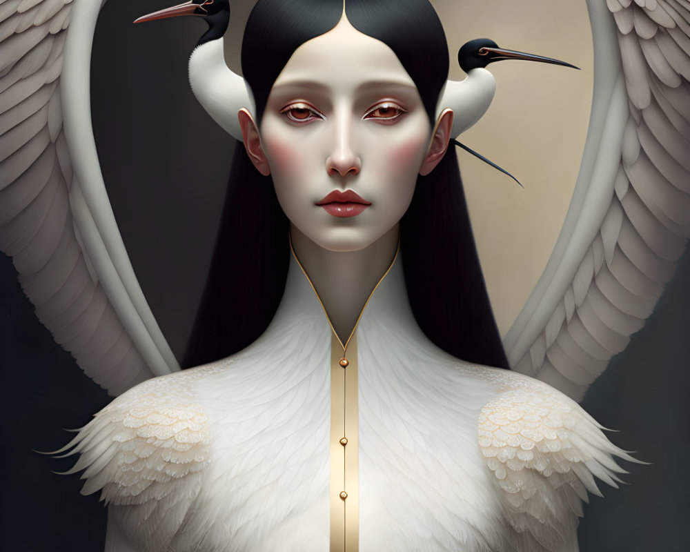 Surreal portrait of woman with cranes on shoulders and stylized wings