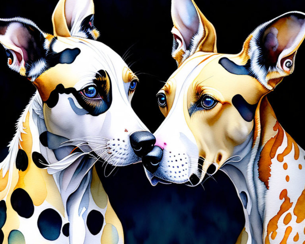 Stylized colorful dogs with spotted patterns on dark background