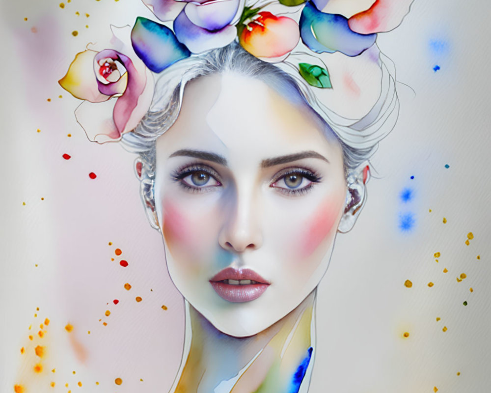 Colorful Watercolor Illustration of Woman with Flower Hair and Paint Splashes