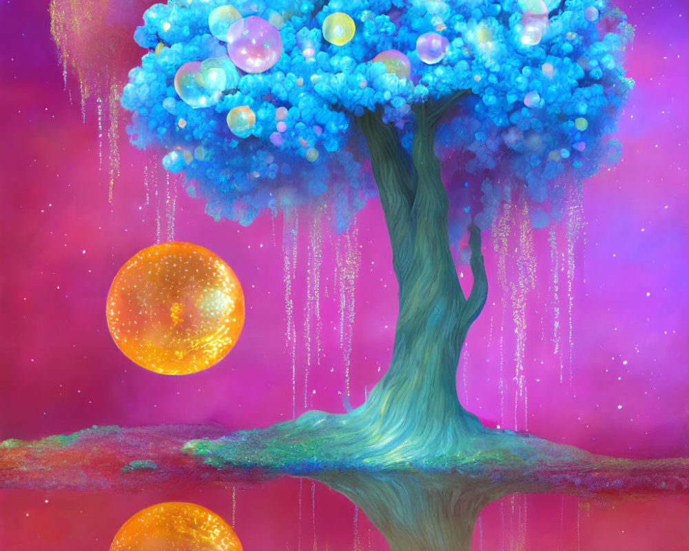 Blue Foliage Tree with Shimmering Bubbles on Magenta Surface