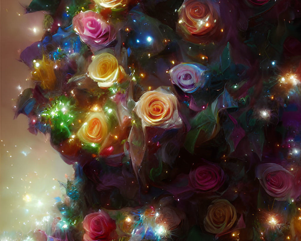 Colorful Roses Digital Art with Shimmering Lights & Sparkling Effects