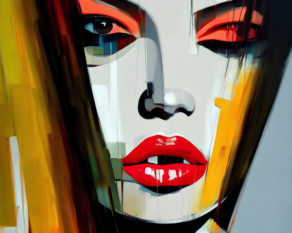 Colorful Abstract Portrait Featuring Woman's Eyes and Lips on Fragmented Background