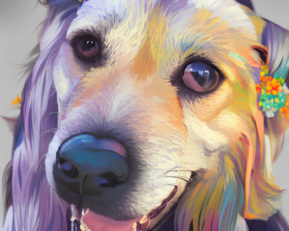 Vibrant digital painting of a happy dog with whimsical flowers.