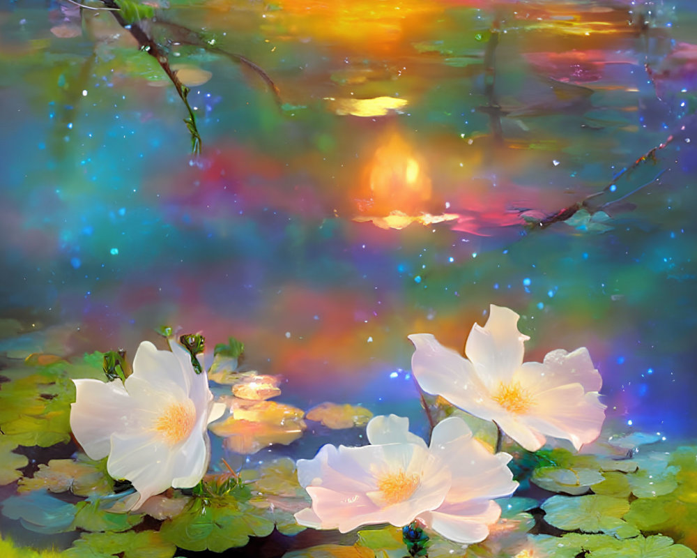 Colorful surreal scene: white flowers, lily pads, reflective water, sunset glow.