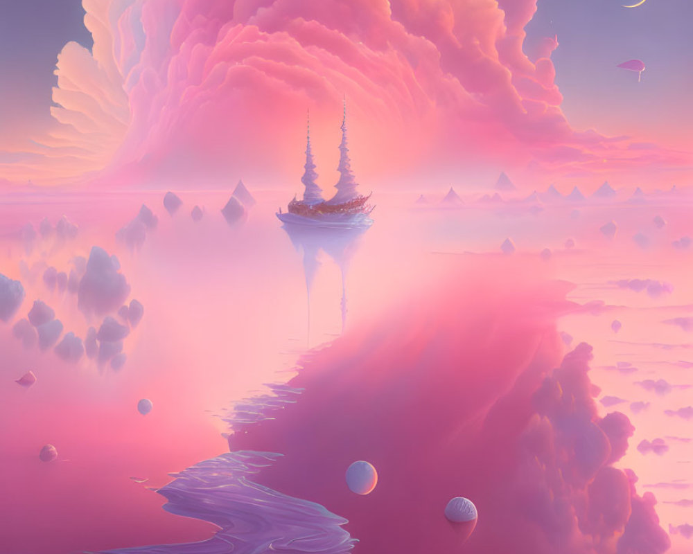 Fantastical landscape with floating island, towering spire, pink clouds, reflective water, orbs,