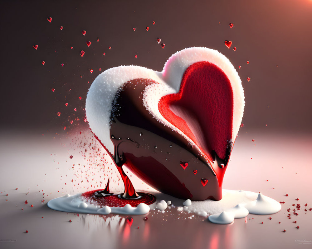 Heart-shaped object melting in red and white colors with heart particles on reflective surface
