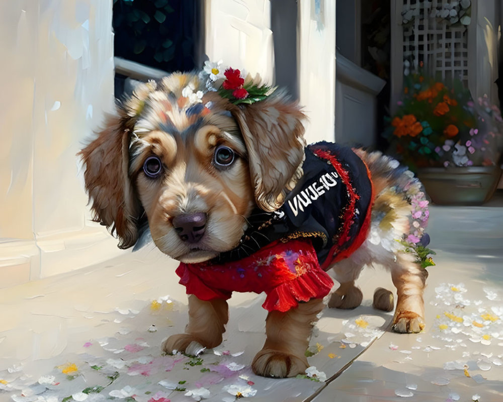 Adorable Puppy in Red Vest and Scarf with Flowers on Sunny Porch