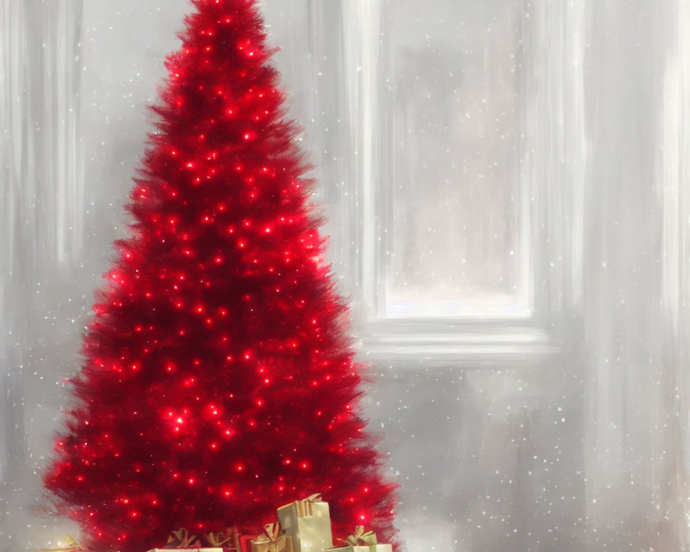 Vibrant red Christmas tree with gold star and gifts on white backdrop