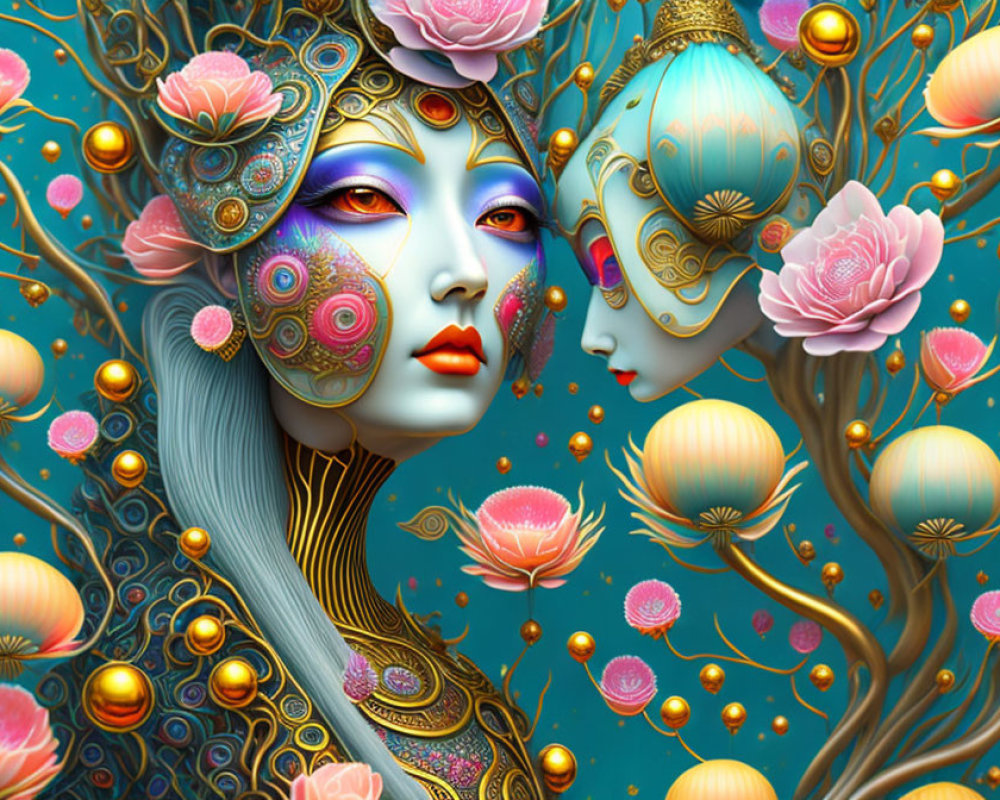 Stylized surreal female faces with intricate adornments and floral motif