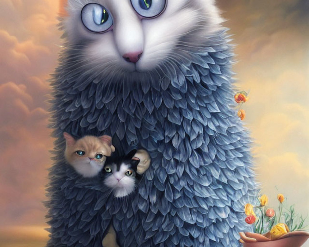 Whimsical painting of large cat with blue eyes and smaller cats in dreamy scene