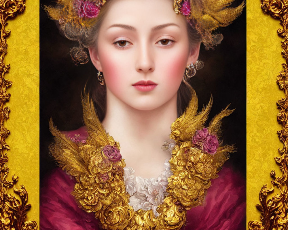 Vintage portrait of a woman in ornate attire with golden details and floral hair adornments.