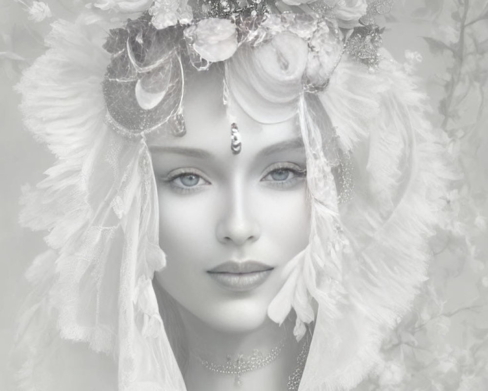 Monochrome portrait of woman with floral headdress and serene gaze