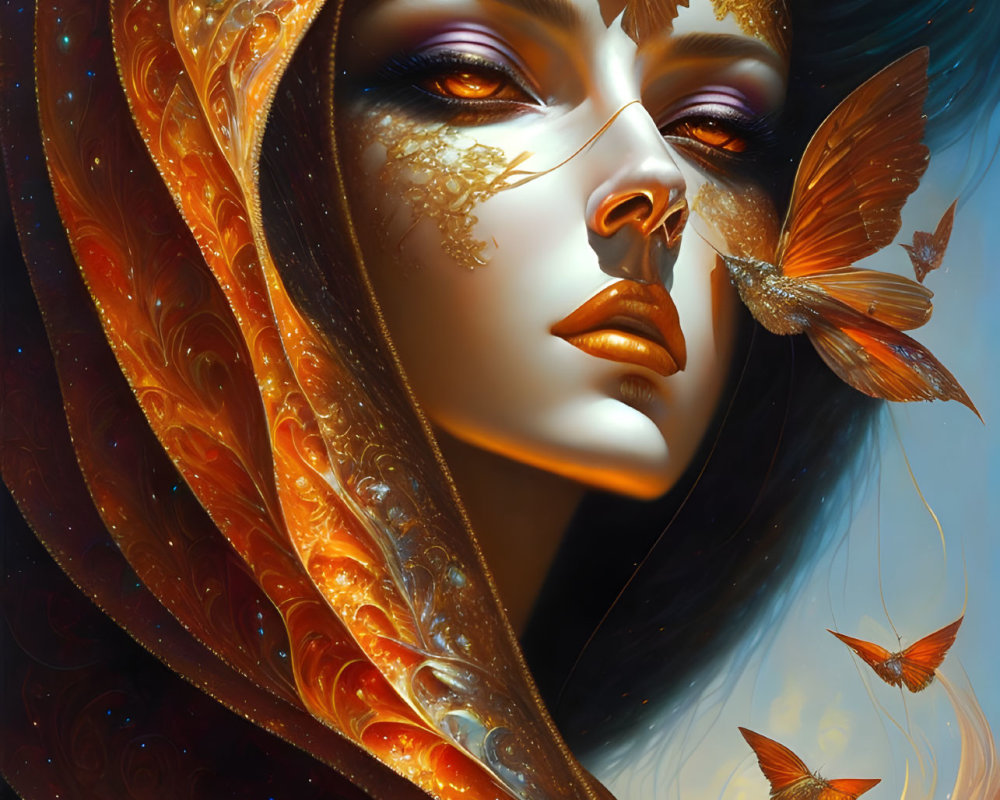 Detailed digital painting of woman with butterflies: vibrant colors, intricate patterns, mystical aura