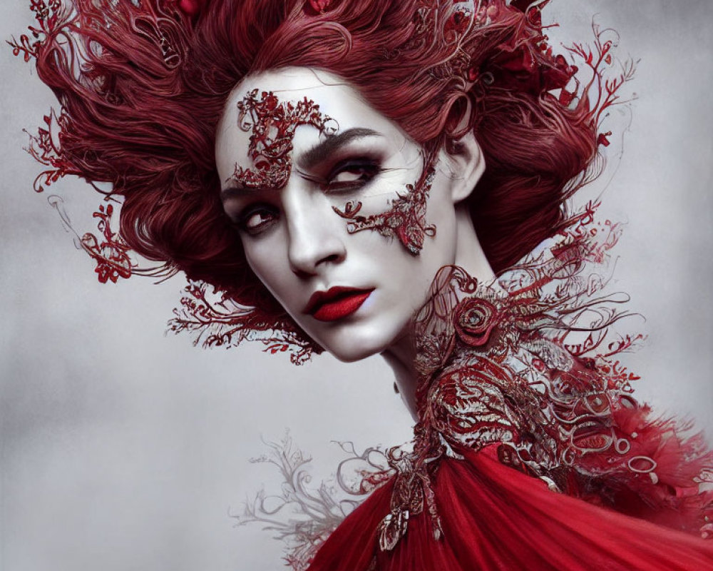 Striking red-haired woman with intricate lace patterns and ornate collar.