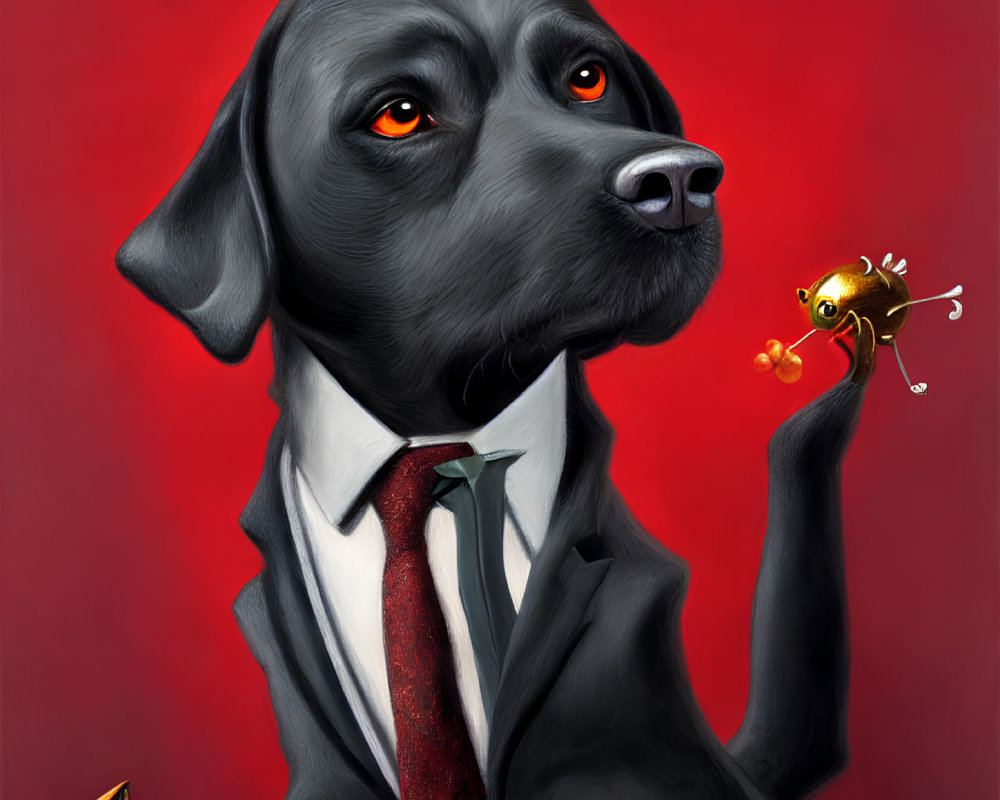 Stylized painting of black dog in suit with red tie holding goldfish on paw