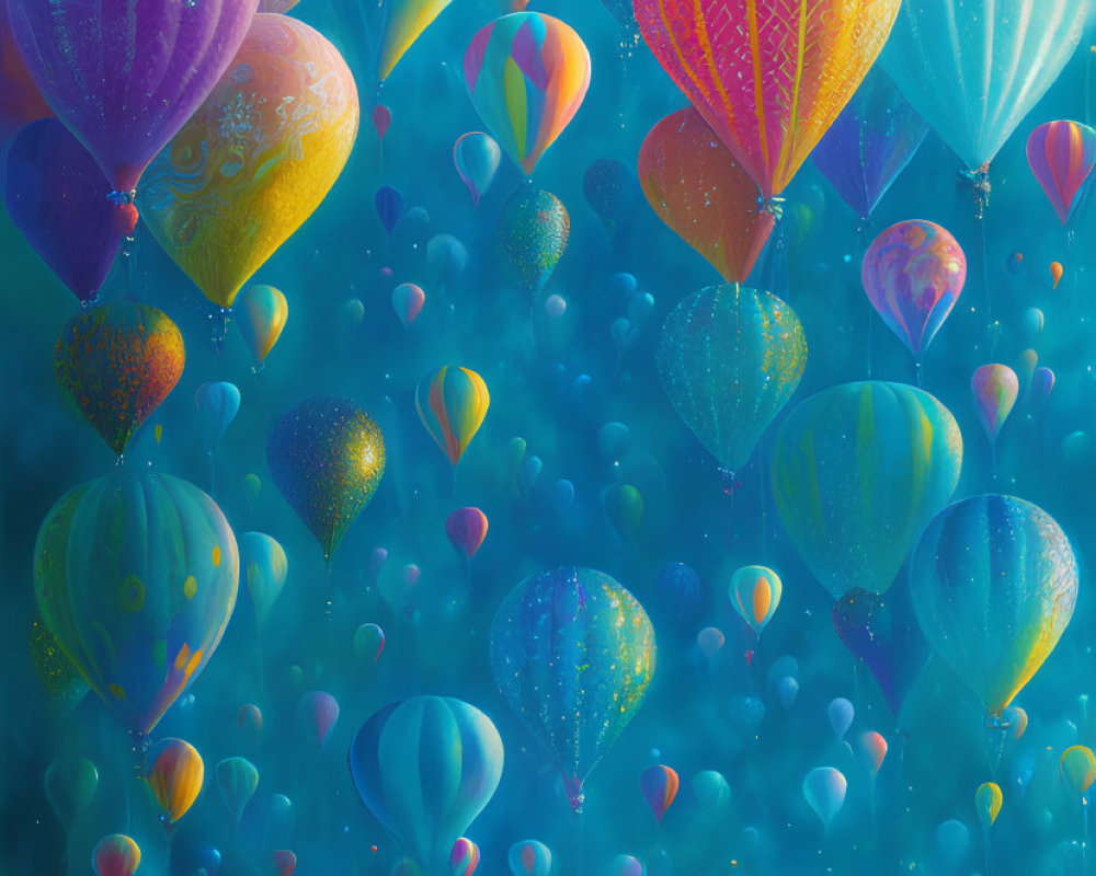 Colorful hot air balloons in blue sky with intricate patterns