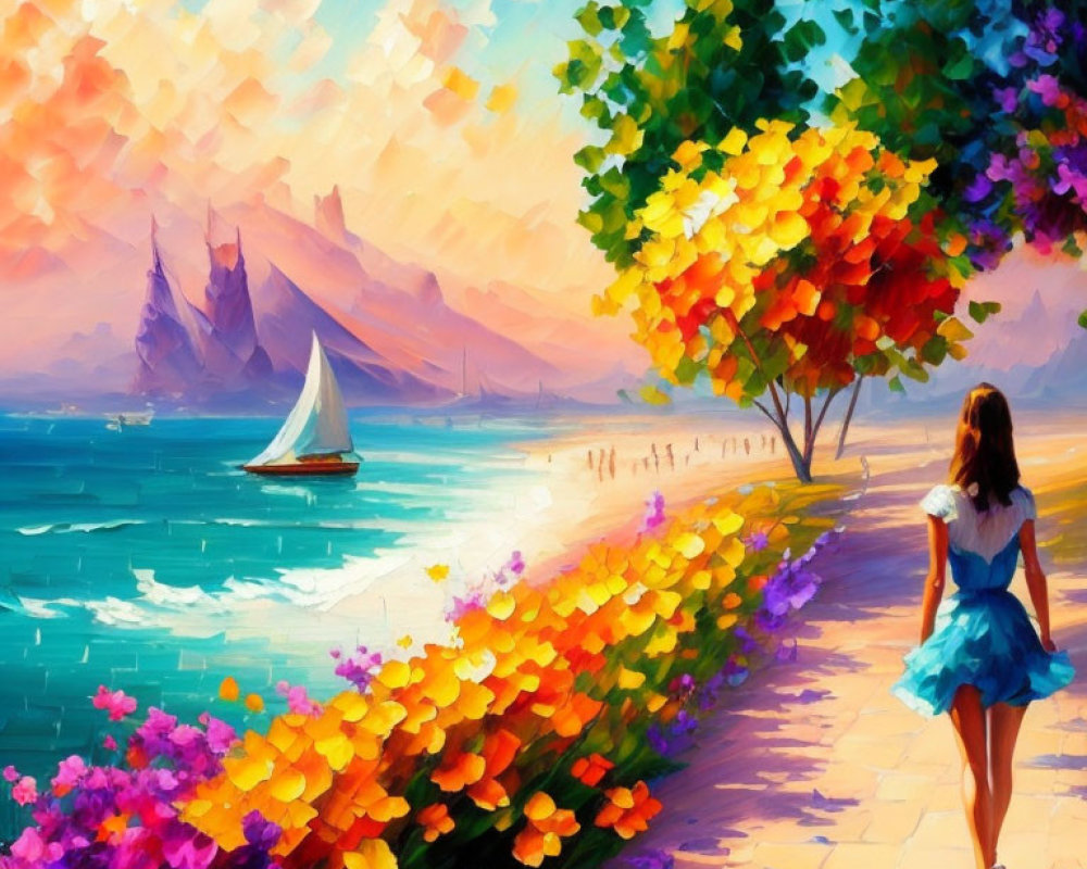 Colorful painting of woman on beach path with sailboat and castle.