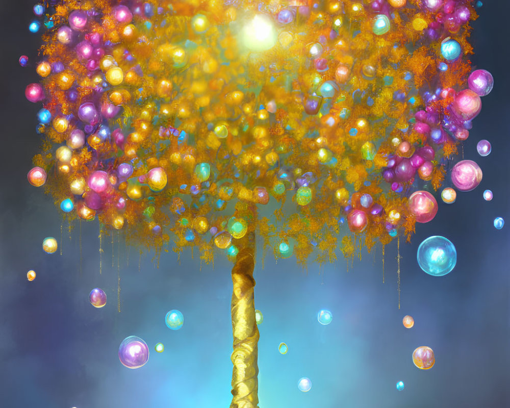 Golden tree with vibrant bubbles in purple, orange, and blue hues against mystical sky