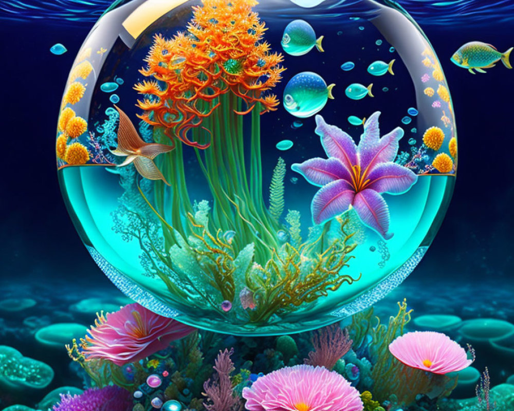 Colorful Underwater Scene with Coral and Fish in Glass Bubble