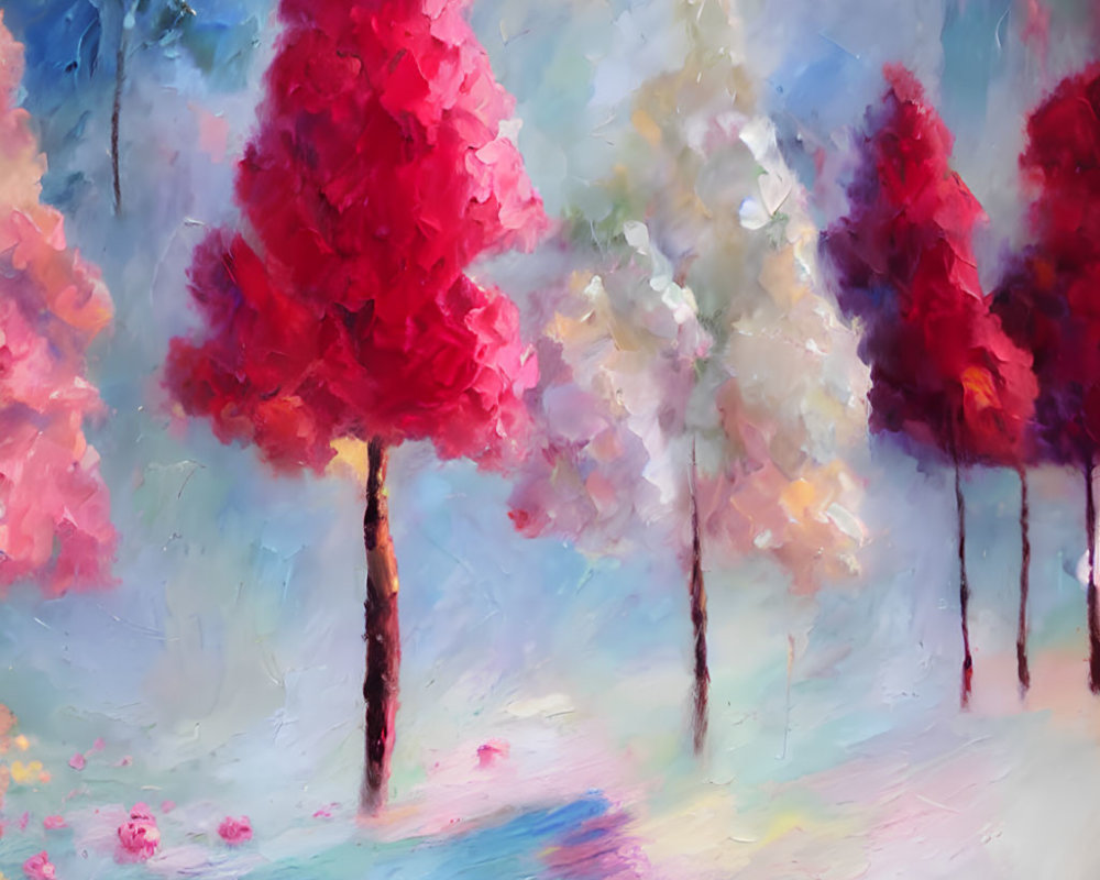 Colorful Impressionist Painting of Tree-Lined Path with Pink and White Foliage