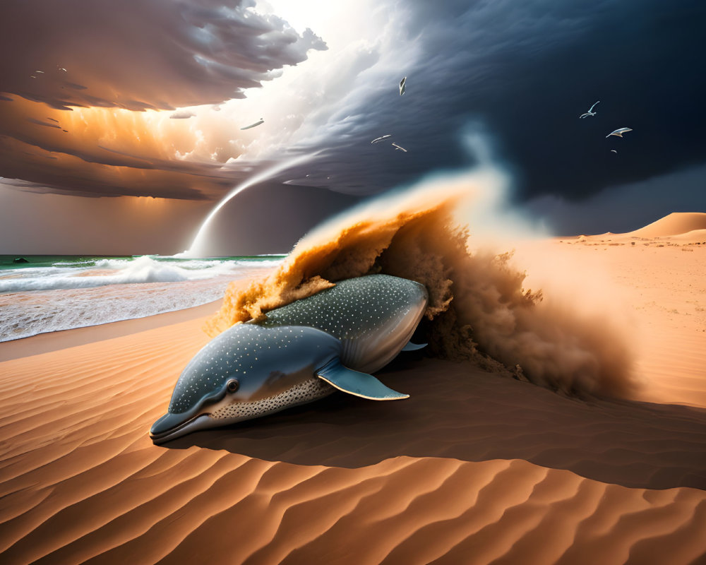 Surreal image: whale sliding down sand dune into ocean under dramatic sky, birds flying,