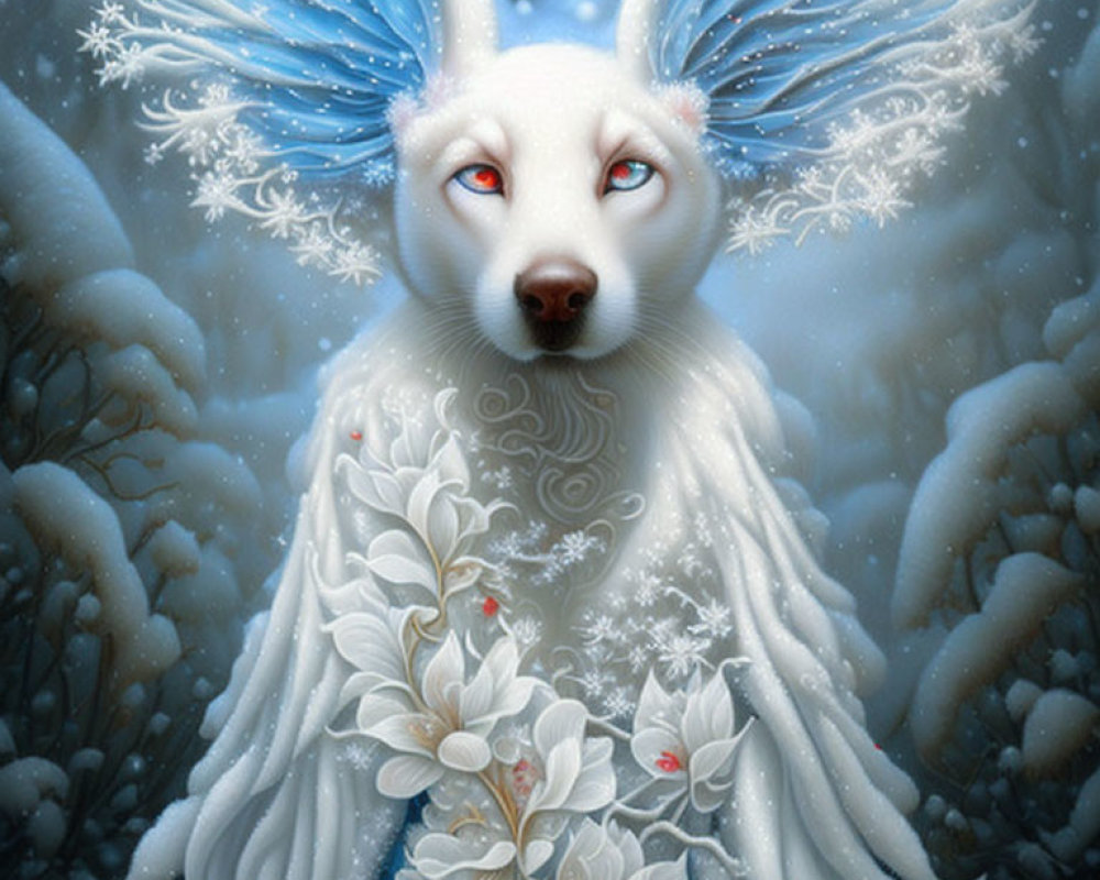 Mystical white creature with blue wings in snowy forest scenery